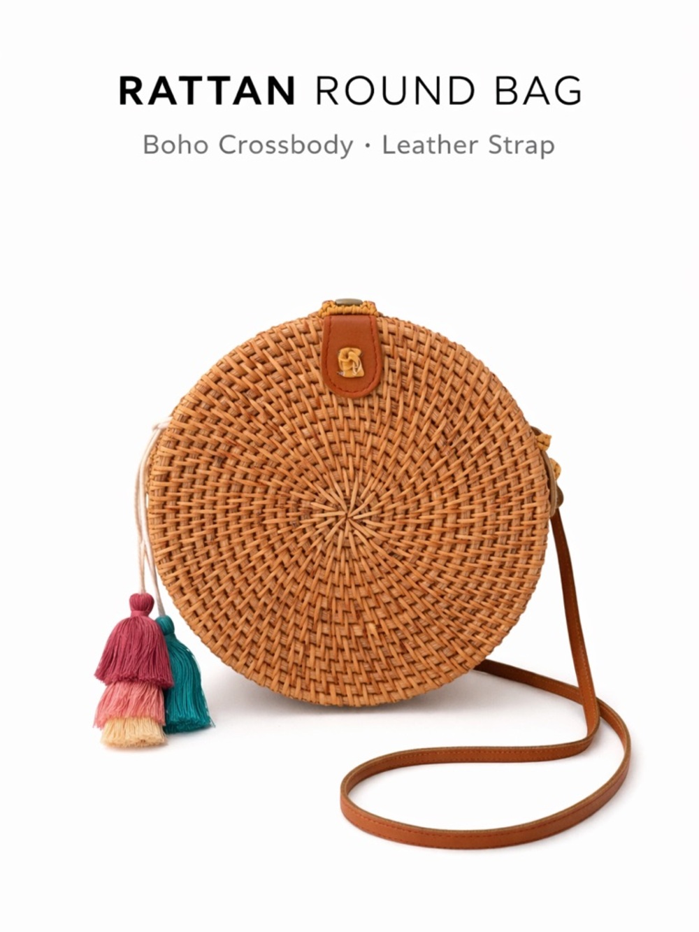 Round Rattan Crossbody Bag Boho Wicker Bali Style Leather Strap Tassel NWT